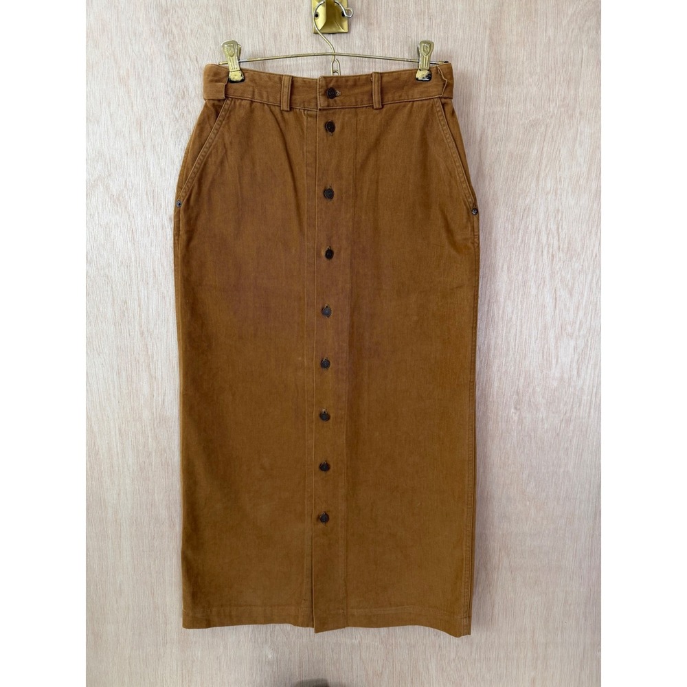 Vintage Ralph Lauren Tan Cotton Button Down Midi Skirt Made in USA Womens 8